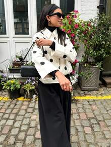 Women's Polka Dot Button Front Jacket, Long Sleeve With Pockets, Fashion Regular Length Woven Fabric Jacket, Suitable For Autumn Wear, Cute, Daily Women's Outerwear - White - View 8