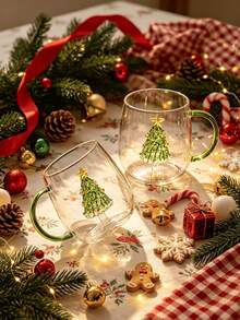 1pc/5pcs 400ml 3D Embossed Christmas Tree Handle Glass Mug, Transparent High Borosilicate Glass Cup With Green Handle, Holiday Christmas Theme Design, Suitable For Home, Office And Daily Use During Holidays - Multi-color - Christmas Tree - View 2