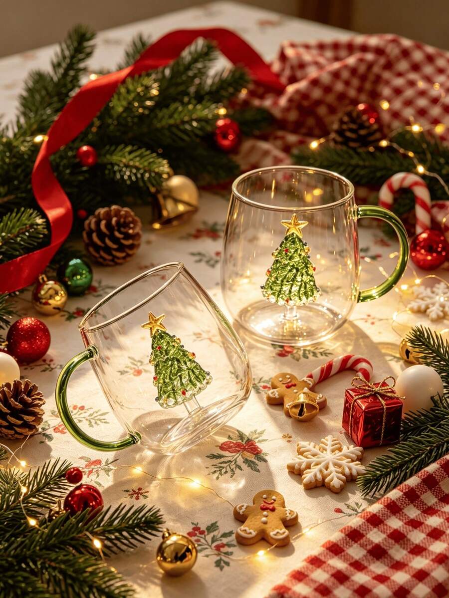 1pc/5pcs 400ml 3D Embossed Christmas Tree Handle Glass Mug, Transparent High Borosilicate Glass Cup With Green Handle, Holiday Christmas Theme Design, Suitable For Home, Office And Daily Use During Holidays