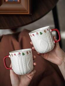 1pc/2pcs Christmas Ceramic Mug Pair, Embossed Sweater Pattern Ceramic Cup, Cute Christmas Pattern Coffee Mug, Couple Mug, Suitable For Reusable Hot And Cold Drinks, Home Drinking Water Cup, Christmas Gift, Holiday Decoration - Multicolor - View 11