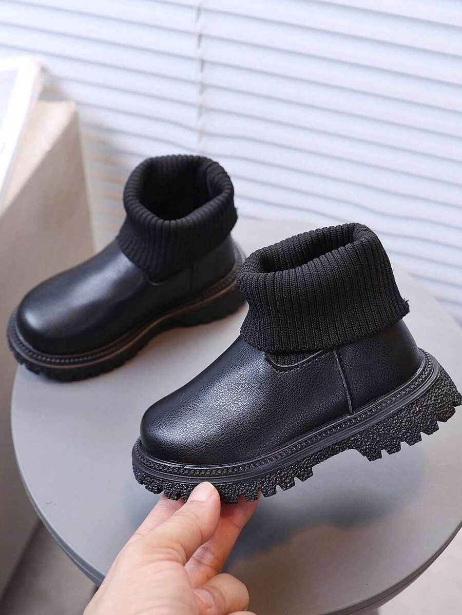 1 Pair Kids Knitted Sock Ankle Boots, Minimalist Fashion Autumn/Winter Soft Sole Slip-On Thick Sole Tube Boots For Baby - Black - View 1