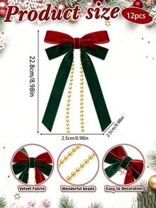 6/12/24件組 紅綠天鵝絨蝴蝶結緞帶，復古手工聖誕花環蝴蝶結裝飾，門飾花環禮品包裝裝飾 - 紅色拼綠蝴蝶結 - 查看 7