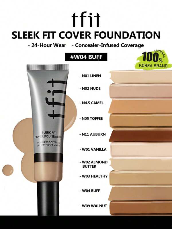 TFIT SLEEK FIT COVER FOUNDATION W04 BUFF, High Coverage Lightweight, Long-Lasting Oil Control, Matte Finish, Not Fade Smudge Proof, For Beginner, K-Beauty, Korean Makeup, GIFT 30g/1.05 Oz.