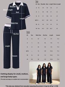 2pcs/Set Women's New Polo Collar Short Sleeve T-Shirt And Elastic Waist Loose Pants, Versatile Contrast Trim Top With Striped High Waist Drawstring Pants, Suitable For Outdoor, Exercise, Commuting, Street Wear In Spring, Summer And Autumn Elegant - Navy - View 9