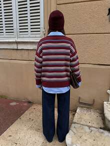 Women's Autumn/Winter Striped Front Button Knit Cardigan Sweater, Lapel Design, Medium Elasticity Pullover, Suitable For Fashion Layering Looks - Red - View 3