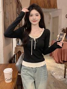 女款甜美蝴蝶結長袖荷葉邊上衣，春夏情人節冬季穿搭，黑色 - 黑色 - 查看 5