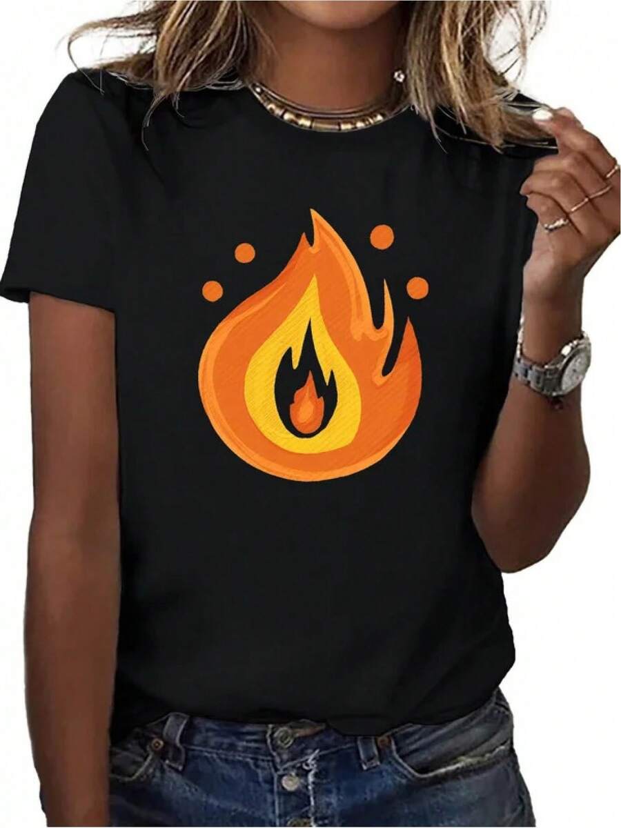 Women's T-Shirt With Abstract Flame Print - Soft, Short-Sleeved And Round-Necked, With Thermal Transfer Print, Machine Washable. - 黑色 - 查看 1