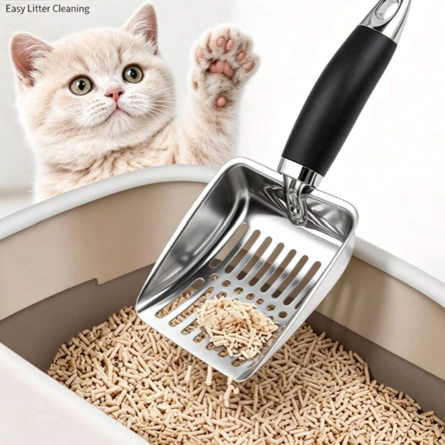 Sekop Kotoran Kucing Logam Stainless Steel Ukuran Besar, Sekop Kotoran Kucing, Sekop Pasir Hewan Peliharaan dan Reptil - Hitam - View 1