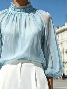 French Elegant Youthful Vacation Style Sheer Lightweight High Neck Lantern Sleeve Pullover - Blue - View 3