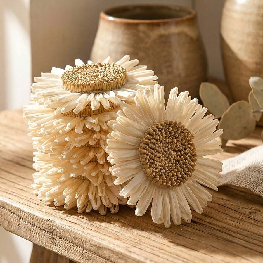 Aplicações de Flores de Margarida Tecidas em Ráfia Boho, Remendos Artesanais de Girassol Rústico com Pétalas de Cetim, Enfeites Decorativos DIY para Embrulho de Presentes, Broche, Decoração de Casamento e Casa, Suprimentos Artesanais Boêmios de Fazenda - Multicolorido - Visão 1