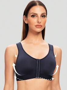MELENECA Women's Front Closure Wirefree Post Surgery Plus Size Back Support Posture Bra - Navy Blue - View 4