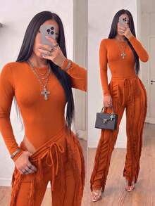 CALEBGAR Women's Sexy Two Piece Outfits Long Sleeve Fringe Pants Set Clubwear Going Out Birthday Party Night Outfits - 橘色 - 查看 2