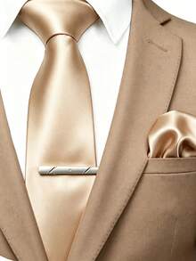 3pcs Men's Champagne Color Tie, Pocket Square, Tie Clip Set, Suitable For Business, Commute, Banquet, Cocktail Party, Wedding - Champagne - View 5