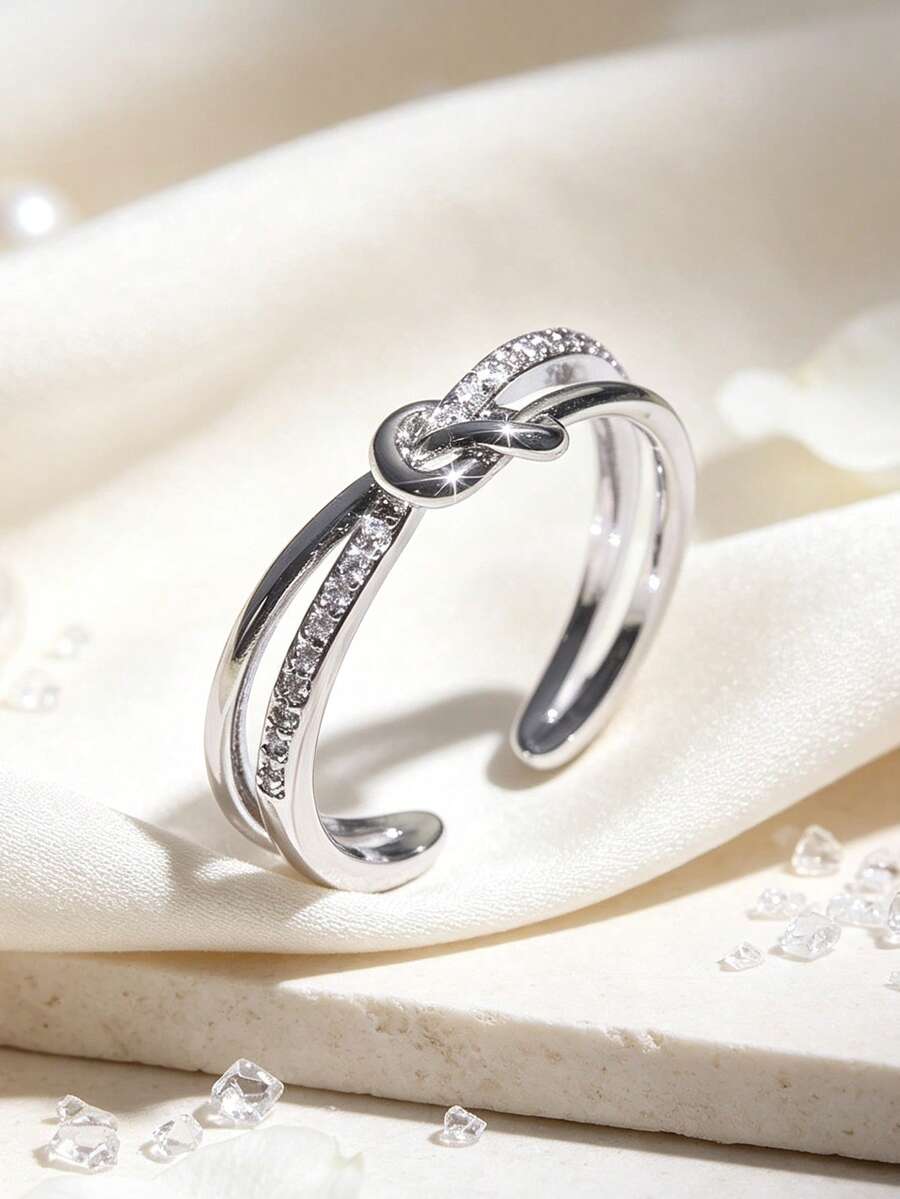 1pc Women's Open Ring Copper Inlaid CZ Silver Heart Ring, Fashion Minimalist Daily Date Matching, Wedding Jewelry - Silver - View 1