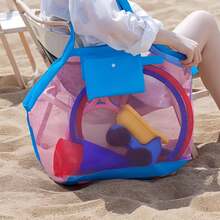 1pc Mesh Beach Bag, Foldable Large Capacity Travel Storage Organizer Bag, Multi-Purpose Mesh Bag, Suitable For Toy And Cosmetic Classification, Ideal For Home Daily Use, Holiday Vacation, Gift, Halloween And Christmas Occasions - Pink - View 2