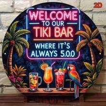8 Inch Iron Decorative Sign With "Welcome To Our Tiki Bar, It's Always 5:00" Neon Light, Tropical Drink Illustration, Palm Tree And Parrot Design, Suitable For Bar, Home And More, Pre-Drilled Holes, Style As Shown In Size Chart - Multicolor - View 3