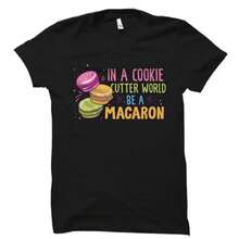Local Warehouse, Unisex Macaron Pattern T-Shirt, French Pastry Illustration For Dessert Lovers - Black - View 2