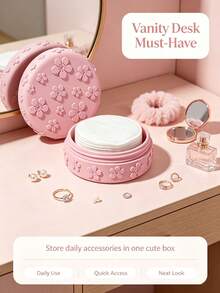 3D Embossed Cherry Blossom Cotton Pad Storage Box With Dust Cover, Cute Aesthetic Makeup Organizer, Desktop Sponge Jewelry Storage Box, Bathroom Countertop Organizer, Sweet Desktop Decor, Creative Holiday Gift For Girls - Multicolor - View 4
