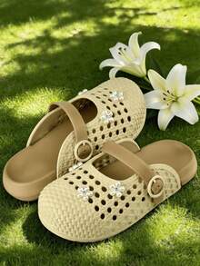 2026 Summer New Women's Apricot Woven Closed-Toe Sandals, Pearl Flower Decor Closed-Toe Sandals, Mary Jane Mule Slippers, Beach Shoes - Apricot - View 6