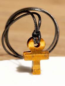 1pc Tiger Eye Ankh Cross Pendant Necklace, Natural Healing Crystal Egyptian Key Of Life Black Cord Necklace, Spiritual Jewelry For Women And Couples - Brown - View 1