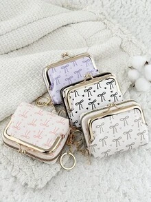 Fashionable Bow Print Zipper Credit Card Holder With Chain Keychain, Multi-Compartment Design, Suitable For Travel - White - View 4
