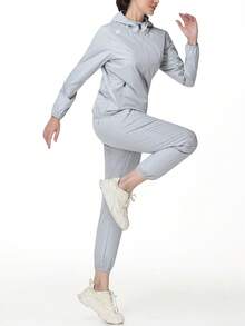 HOTSUIT Women's Satin Sweat Set With Zipper And Drawstring, Fitness Workout Training Outfit, Suitable For Gym And Holiday Gift - Light Grey - View 9
