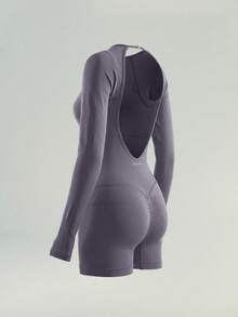 UONNOU 女款露背長袖連身衣，無縫柔軟收腰提臀健身服 - 灰色 - 查看 7