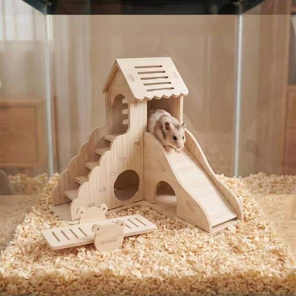 Juego de 2 piezas de villa de madera para hámster, decoración de jaula de hámster, dormitorio, juguete de entretenimiento y escondite, requiere ensamblaje, adecuado para mascotas de tamaño de hámster pequeño