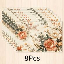 1pc French Vintage Floral Print Linen Style Placemat, Cream Base With Pink Orange Peony Rose Branch And European Scroll Border, Rectangular Table Mat, Elegant Country Style Dining Pad, Breakfast Mat, Kitchen Dining Room Wedding Party Table Decor - Multicolor - View 12