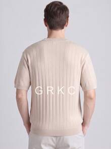 GRKC 男士短袖針織亨利領圓領寬鬆直筒休閒風針織T恤 春夏上衣 - 杏色 - 查看 5