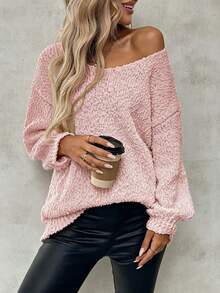 Plus Size Solid Color Crew Neck Casual Long Sleeve Knit Sweater Pink Vacation - Pink - View 1