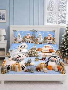 3PCS Winter Christmas Atmosphere Bedding Set, (1PC Fitted Sheet + 2pcs Pillowcases, Pillow Inserts Not Included,) Polyester Digital Print, Cartoon Santa Claus Snowman Penguin Pattern, Cartoon Cozy Christmas Non-Slip Bedding Set, Machine Washable, Bedroom Holiday Home Textile - Multi-color 4 - View 10