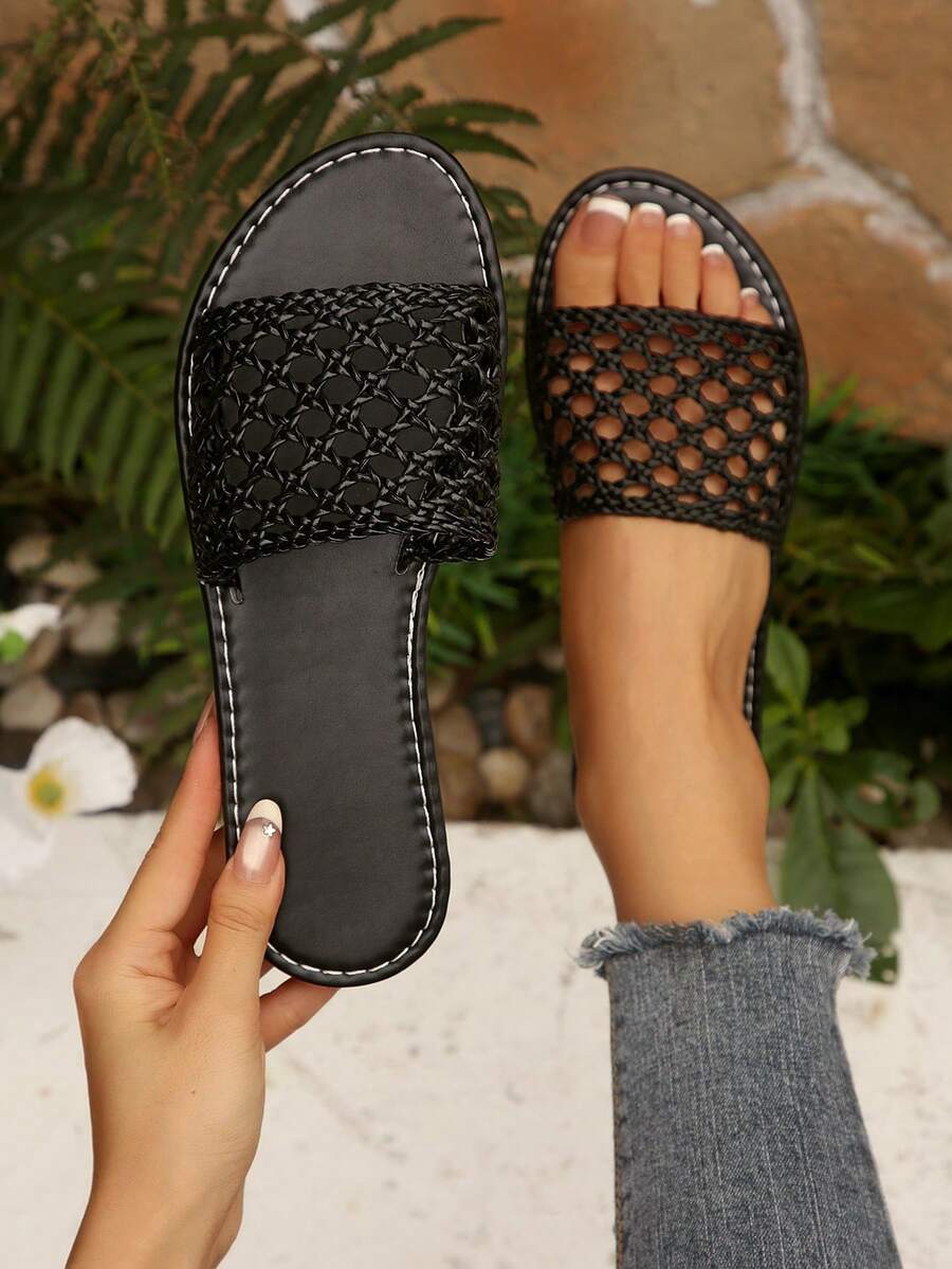 Sandal Selop Datar Anyaman Berongga Musim Panas Wanita, Sandal Selop Pantai Kasual Harian Ujung Terbuka, Sandal Selop Datar Serbaguna - Hitam - View 1