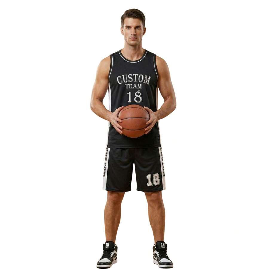 Men's Adult Sports Set: T-Shirt With Basketball Shorts - Negro personalizado - Ver 1
