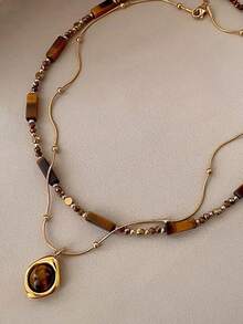 1/2pcs Vintage Malachite & Tiger Eye Tassel Necklace, Minimalist Sweater Chain Jewelry, Women's - Brown - View 1