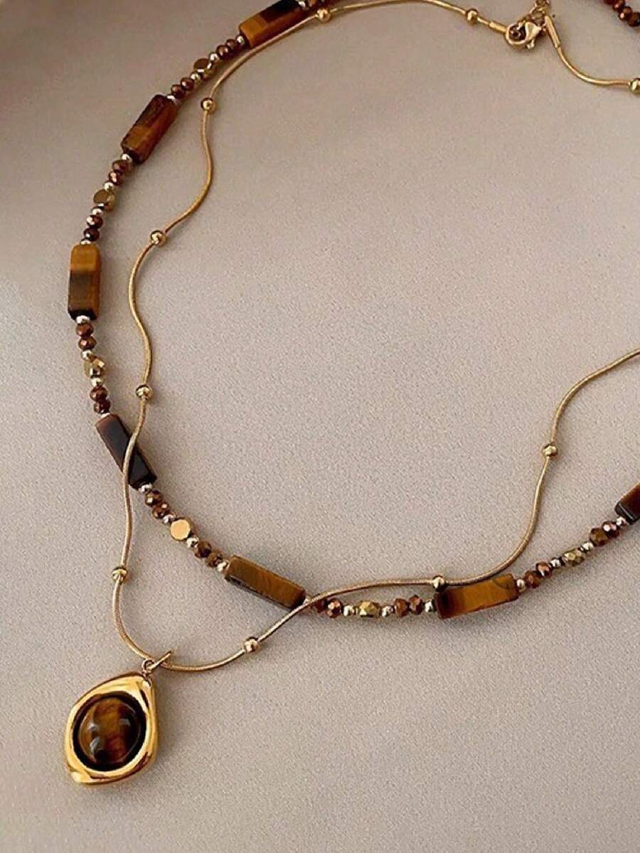 1/2pcs Vintage Malachite & Tiger Eye Tassel Necklace, Minimalist Sweater Chain Jewelry, Women's - Brown - View 1
