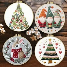 1件 20*20cm/7.9*7.9in 聖誕快樂刺繡套件，DIY手工刺繡套裝，適合成人初學者，居家禮物，女性縫紉禮物，包含使用說明書、印花布料、刺繡框、針與線 - A - 查看 2