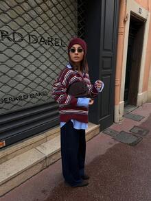 Women's Autumn/Winter Striped Front Button Knit Cardigan Sweater, Lapel Design, Medium Elasticity Pullover, Suitable For Fashion Layering Looks - Red - View 5