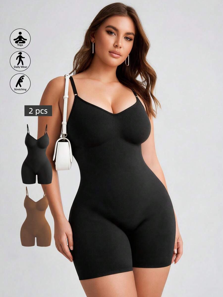 Runway Rest 2pcs/Set Women Seamless Shapewear Jumpsuit, Black, For Yoga, Daily Wear - Multicolor - View 1