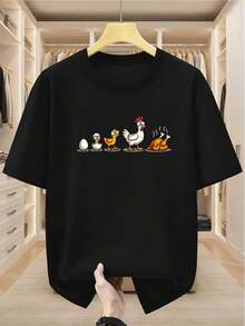 Camiseta de manga corta para hombre, 100% algodón, cómoda, con un divertido estampado gráfico de la evolución del pollo, diseño casual adecuado para el uso diario, disponible en stock local. - Negro - Ver 3
