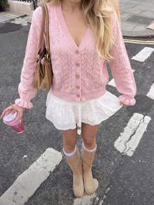 Korean Gentle Campus Pink Ribbed Hollow V‑Neck Cardigan, Women's Lotus Cuff Short Knit Top For Autumn Outing Commute Dating - Pink - View 3