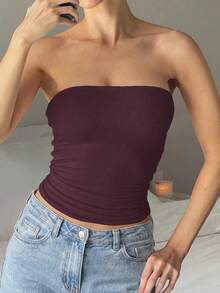 女款四季性感無肩帶基本款純色彈性修身抹胸上衣，春夏無肩帶基本款背心時尚T恤 - 紫紅色 - 查看 11