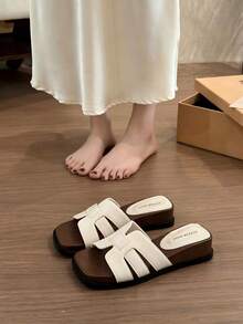 Women's Summer New Leopard Print Colorblock Thick Sole Square Toe Casual Fashion Flip Flops Beach Vacation Sandals - Off White - View 7