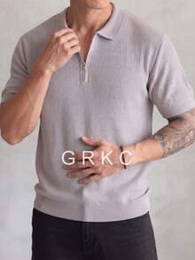 GRKC Men's Short Sleeve Polo Shirt, Polo Collar, Short Knit, Loose Straight Fit, Business Casual Style, Half-Zip Knit Polo, Spring/Summer Top - Light Grey - View 4