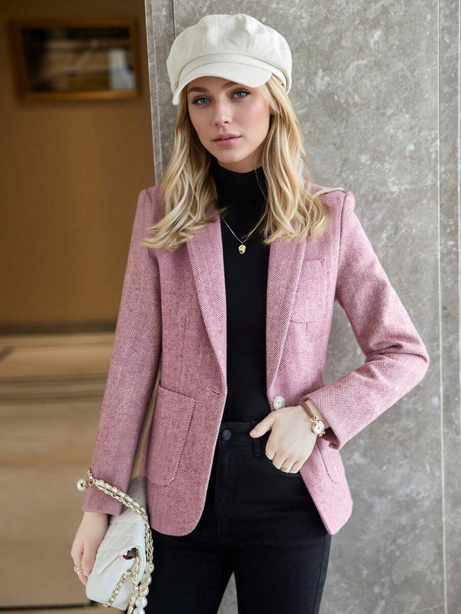 Women's Wool Blend Blazer Jacket, Premium Quality, 2026 Autumn/Winter New Slim Fit Flattering Thickened Suit Top - Pink - View 1