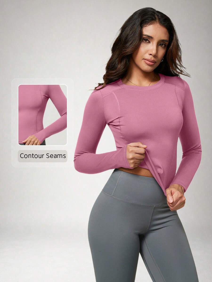 NcmRyu Women's One PC Solid Color Crew Neck Fitted Sports Long Sleeve - Pink - View 1