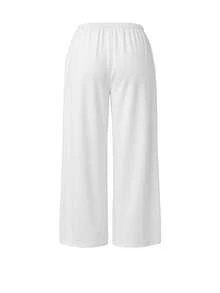 Women's Cropped Wide Leg Pants, Summer New Elastic Waist Drawstring Lightweight Breathable, Slouchy, Loose Versatile Casual Pants White - White - View 4
