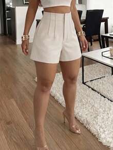 Women's Elegant Plus Size Straight Pleated Shorts, With Pleat Details, Perfect For Creating An Elegant Summer Look. - Apricot - View 4