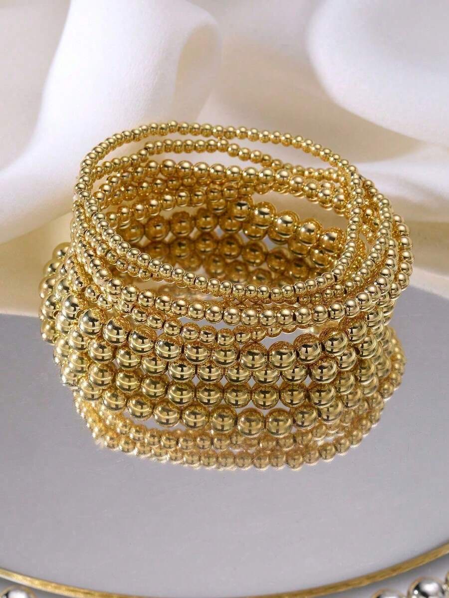 7pcs Handmade Beaded Elastic Bracelet Set, CCB Round Beads, Versatile Casual Women's Jewelry, Suitable For Daily Wear - Gold - View 1