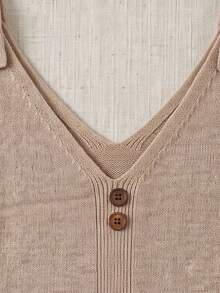 JIANHU Beige Adjustable Knit Camisole - Autumn/Winter V-Neck, With Wooden Buttons And Ribbed Trim | Thanksgiving Dinner And Christmas Layering Casual Summer - Khaki - View 9